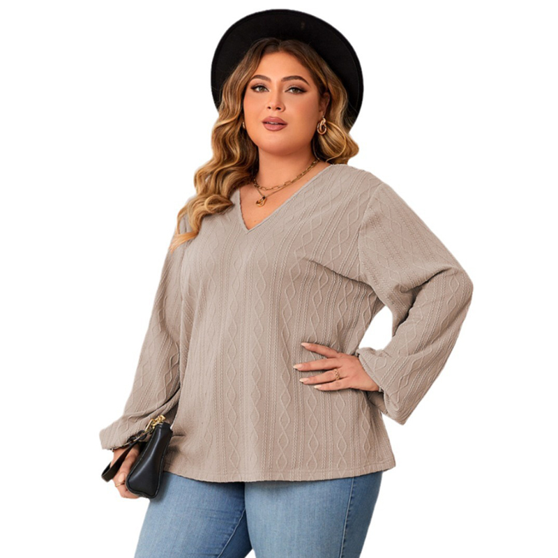 2024 Women V-neck Loose Fit Casual Long Sleeve Plus Size Top - 图3