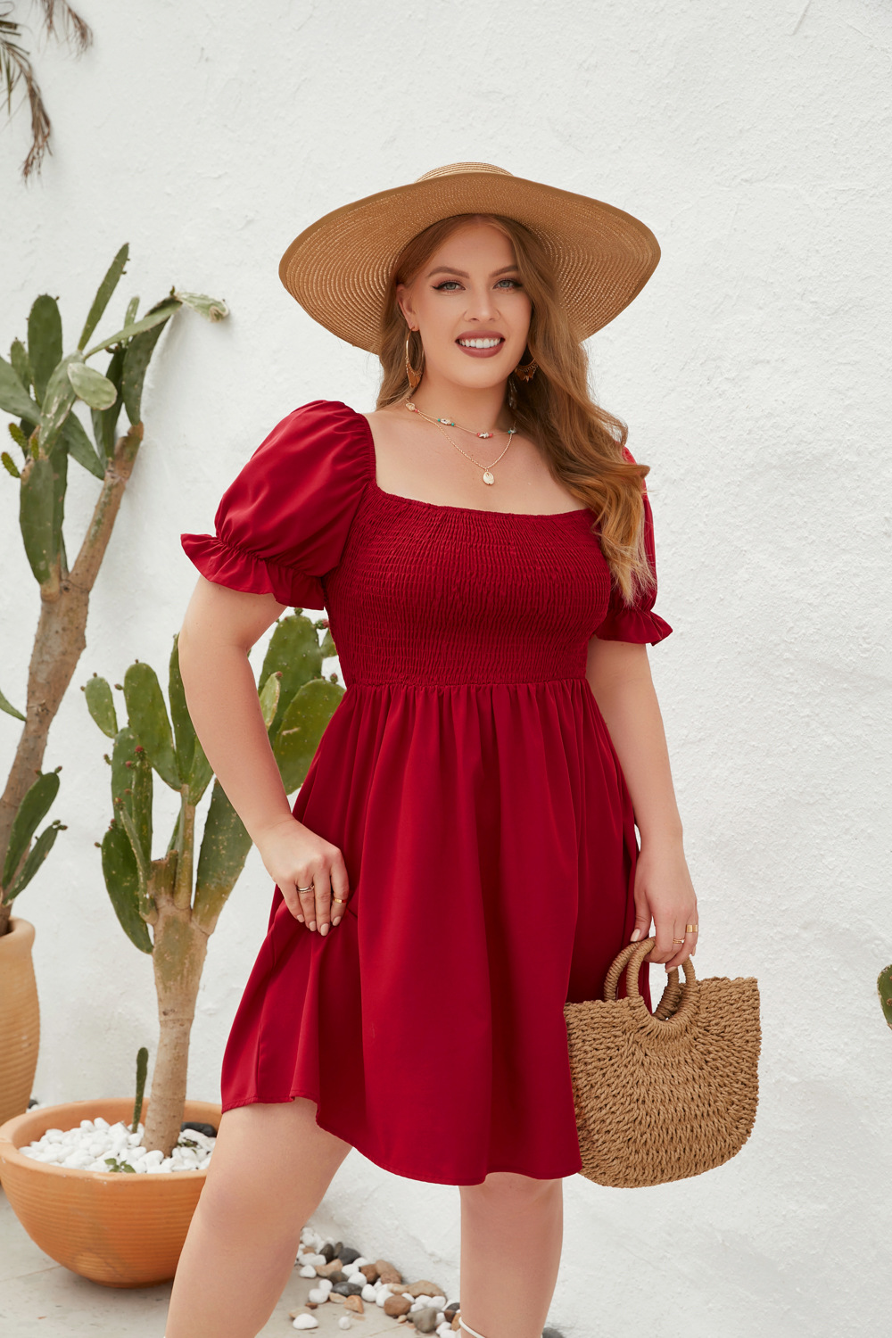 200斤大码胖女人夏季方领连衣裙 plus size women summer dresses - 图0