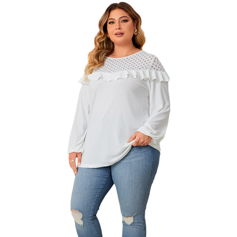 Plus Size Lady Lace Round Neck Knit Sweater Femal Casual Top - 图3