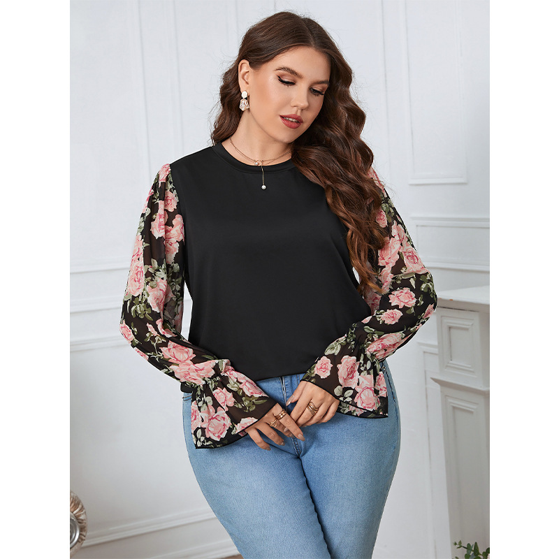 Lantern Sleeves Printed Elegant Plus Size Blouse for Women - 图0