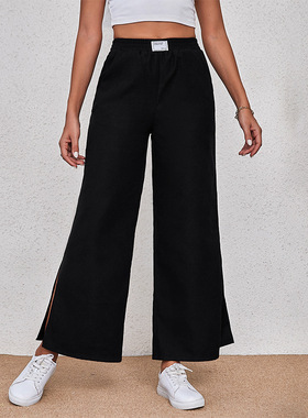 Women's black loose slit long pants 黑色宽松开衩长裤子女