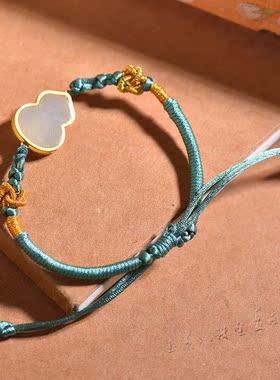 古法银镶嵌和田玉白玉葫芦金蝉手链一鸣惊人手饰男女款情侣手环