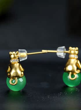天然A货高冰玉髓帝王绿耳钉镀24k真金耳环女款小猫玛瑙玉石耳饰