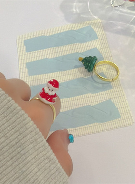 2025新款树脂圣诞节系类圣诞老人圣诞树趣味小巧开口保色戒指女