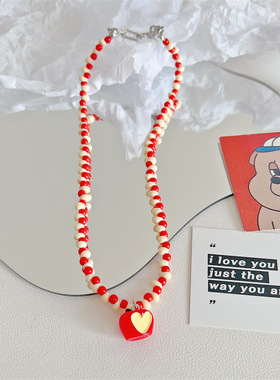 韩版新款小苹果红白串珠米珠项链