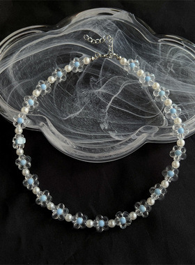 夏日清新粉色小花珍珠串珠项链 百搭闺蜜甜美锁骨链弹力花朵戒指