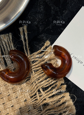 pipi美拉德琥珀耳环圆圈耳饰耳圈气质高级感耳钉复古设计秋季银针