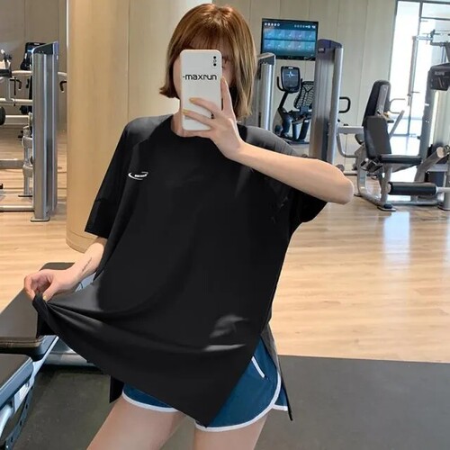 速干T恤大码健身服短袖瑜伽服夏薄款网纱运动上衣女宽松跑步罩衫 - 图1