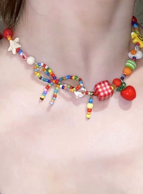 「苹果乐园」多巴胺彩色苹果星星串珠项链2025新款轻奢夏日锁骨链