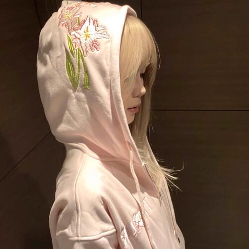 美式复古字母花卉刺绣连帽卫衣外套女2025新款宽松设计感情侣上衣 - 图0
