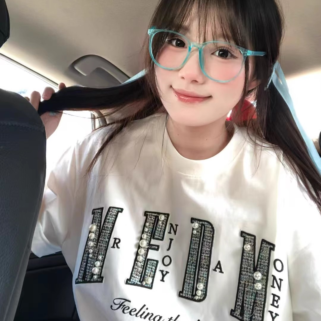 原创美式钉珠字母刺绣短袖t恤男女纯棉宽松小众设计感情侣上衣潮 - 图2