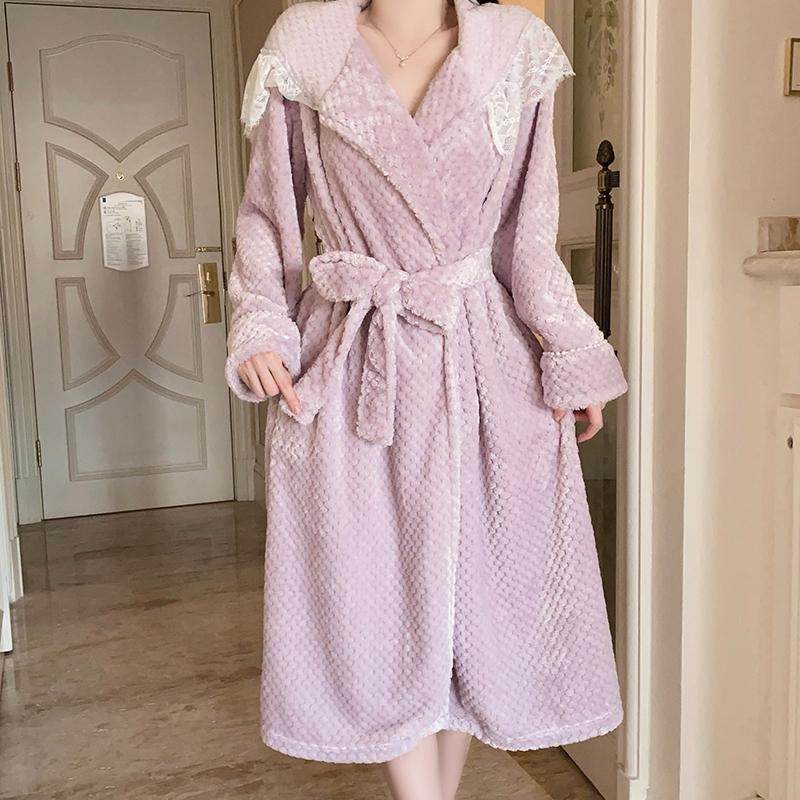 珊瑚绒睡袍女款冬季性感氛围感浴袍2024新款加绒加厚蕾丝长款睡衣,淘宝优惠券,粉丝福利购,淘宝优惠卷