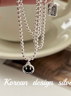 韩国ins设计亮银饰品 s925纯银黑色滴釉笑脸珠珠项链感叠戴ins风