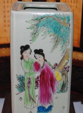 景德镇陶瓷器厂瓷厂货仿古瓷人物四方笔筒家居饰品桌面摆件装饰