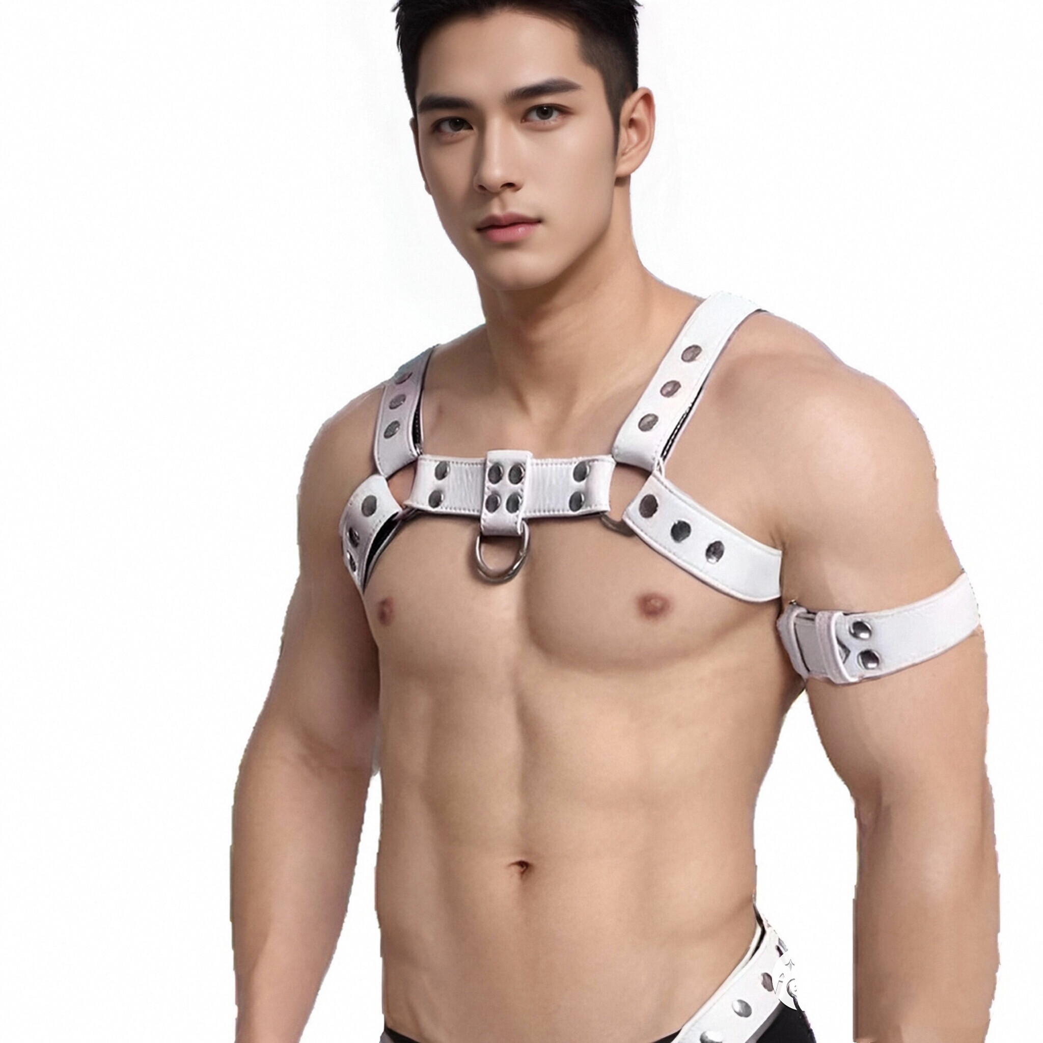 白色皮革束缚肩带胸带男 可调节金属扣健身性感双丁内裤臂环套装,淘宝优惠券,粉丝福利购,淘宝优惠卷