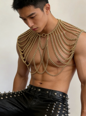 重工金色多层链条胸甲 男士性感身体链 朋克风搭配 网红同款配饰