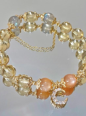 天然黄水晶手链月光石金太阳石14k包金发财水晶手串女饰品送礼物