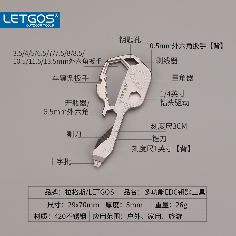 LETGOS不锈钢EDC钥匙工具卡创意随身挂件开瓶器迷你多功能螺丝批 - 图2