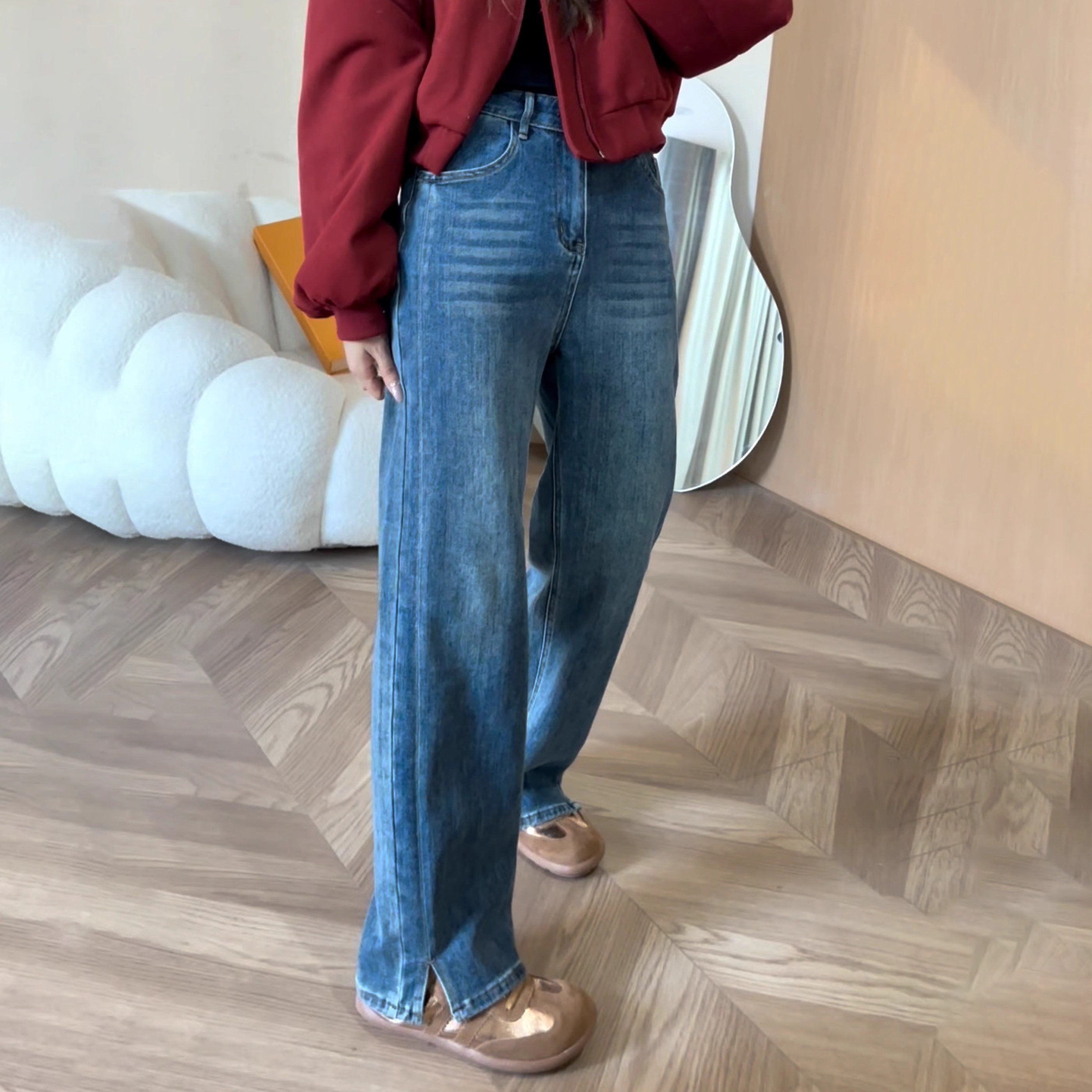 分叉阔腿牛仔裤女大码胖妹妹梨形身材遮胯高腰显瘦宽松垂感直筒裤,淘宝优惠券,粉丝福利购,淘宝优惠卷