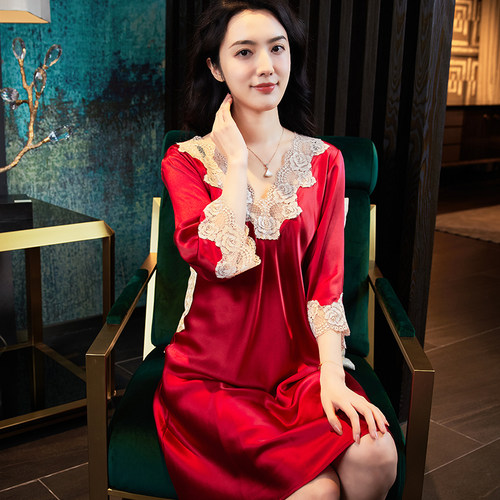 杭州丝绸高端商场专柜100%桑蚕丝真丝睡裙蕾丝丝绸短袖家居服粉色 - 图2
