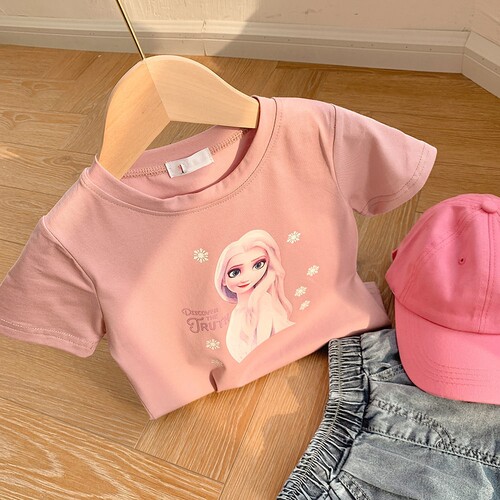 100%纯棉女童t恤短袖夏季新款洋气中小童装儿童粉色卡通可爱上衣 - 图2