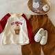 100% pure cotton children's long-sleeved T-shirt base shirt for spring cartoon patch boys and girls color combination cute fashionable top