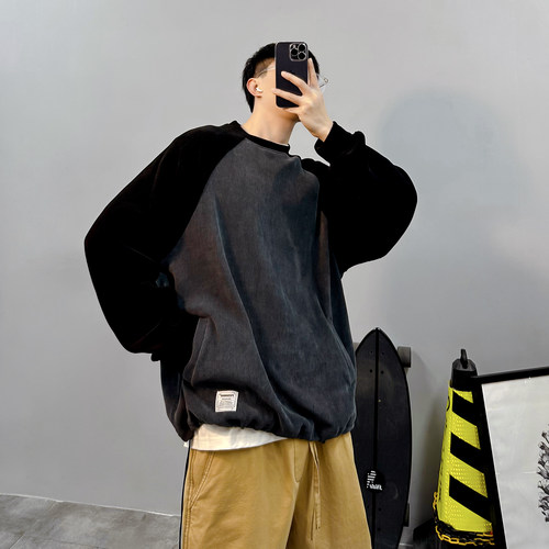 PGUP STUDIO美式复古雅痞撞色插肩袖男士宽松卫衣圆领休闲上衣潮 - 图1