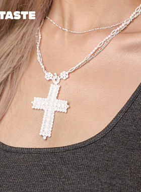 XTASTE Picnique 蕾丝串珠银项链十字小花原创珍珠编织长链叠戴