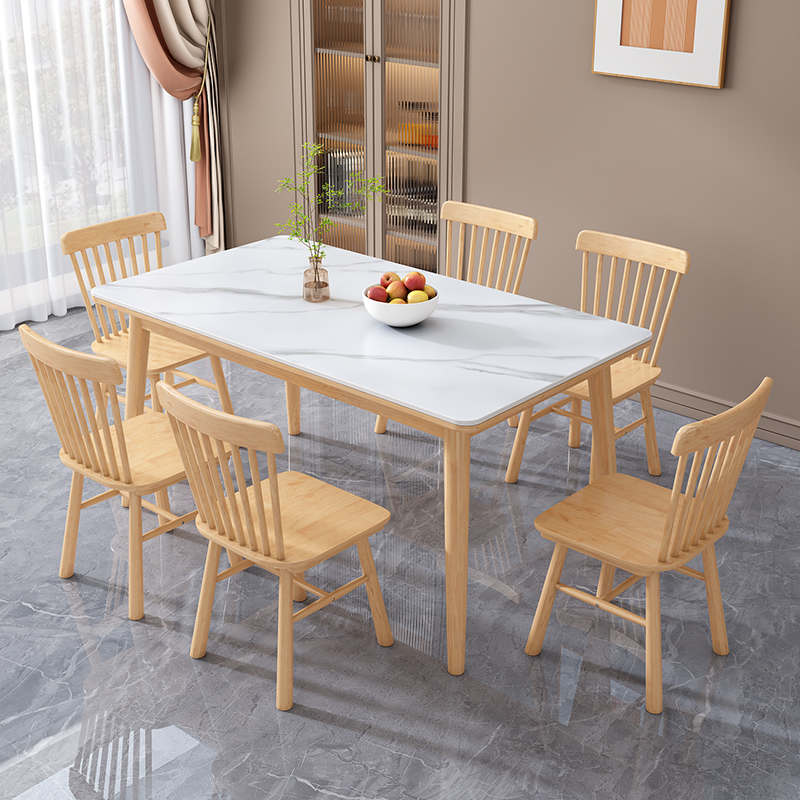 岩板餐桌家用现代简约轻奢小户型饭桌全实木长方形吃饭餐桌椅组合 - 图0