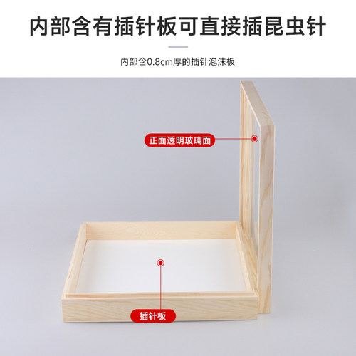 松木大号42x29x5.5cm昆虫标本盒玻璃面透明展示盒带针插板标本框 - 图1