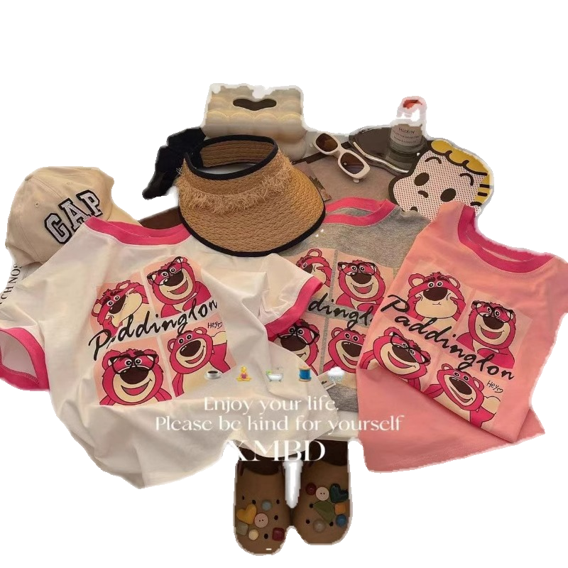 2024新款女童短袖t恤儿童草莓熊可爱印花洋气夏装宝宝卡通上衣潮
