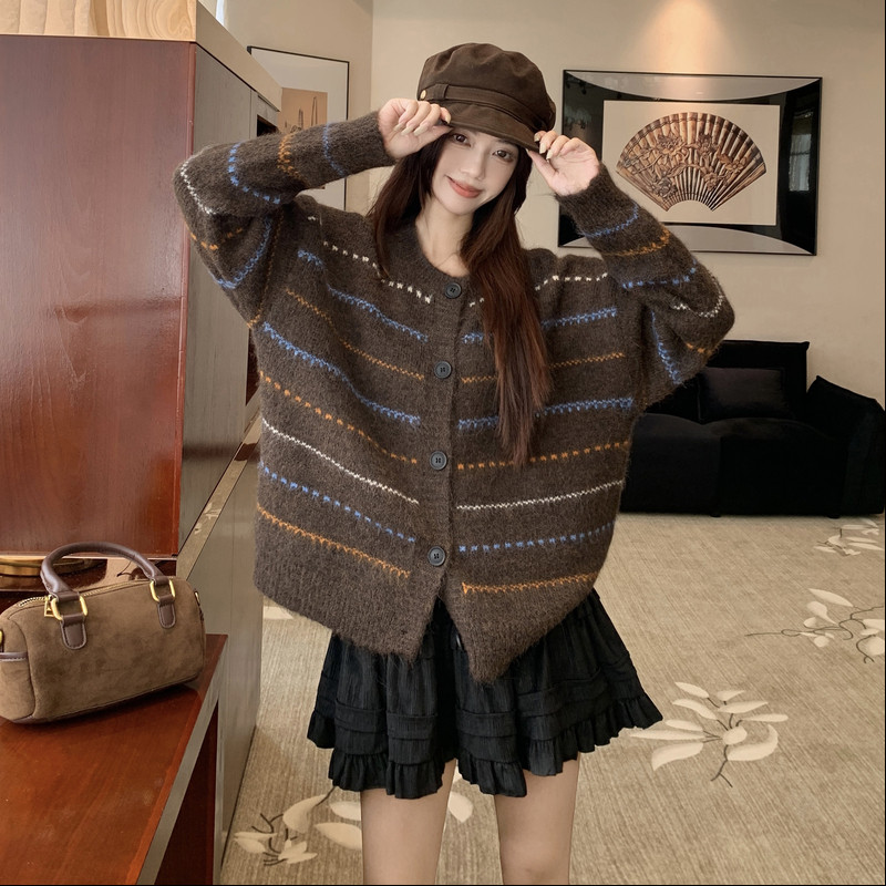 实拍~小香风条纹毛衣女2025新款秋冬复古慵懒风大码针织外套开衫,淘宝优惠券,粉丝福利购,淘宝优惠卷