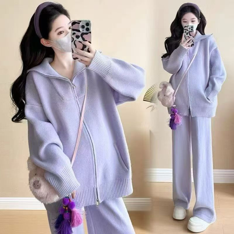 韩版针织休闲时尚套装女秋季2025新款拉链毛衣外套阔腿长裤两件套,淘宝优惠券,粉丝福利购,淘宝优惠卷