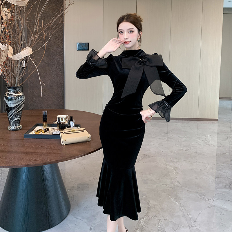 高端精致气质名媛蝴蝶结重工钉钻喇叭袖鱼尾小黑裙连衣裙,淘宝优惠券,粉丝福利购,淘宝优惠卷