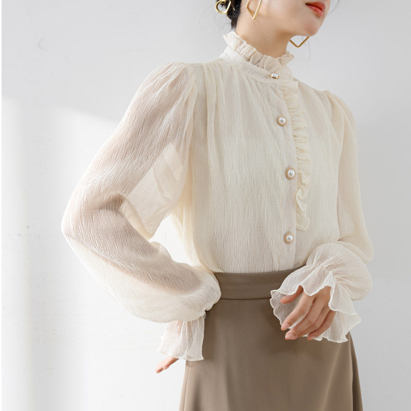 2024秋季复古法式宫廷木耳立领蕾丝杏色衬衫女喇叭袖别致上衣,淘宝优惠券,粉丝福利购,淘宝优惠卷