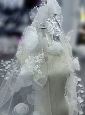 重工超长拖尾新娘结婚主婚纱头纱超仙梦幻芍药花纯手工仙美头纱