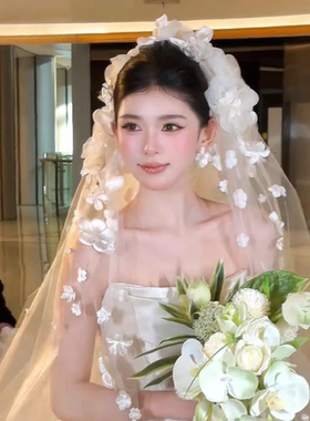 2026重工花朵头纱新娘结婚主婚纱头饰甜美超仙高级感森系影楼拍照