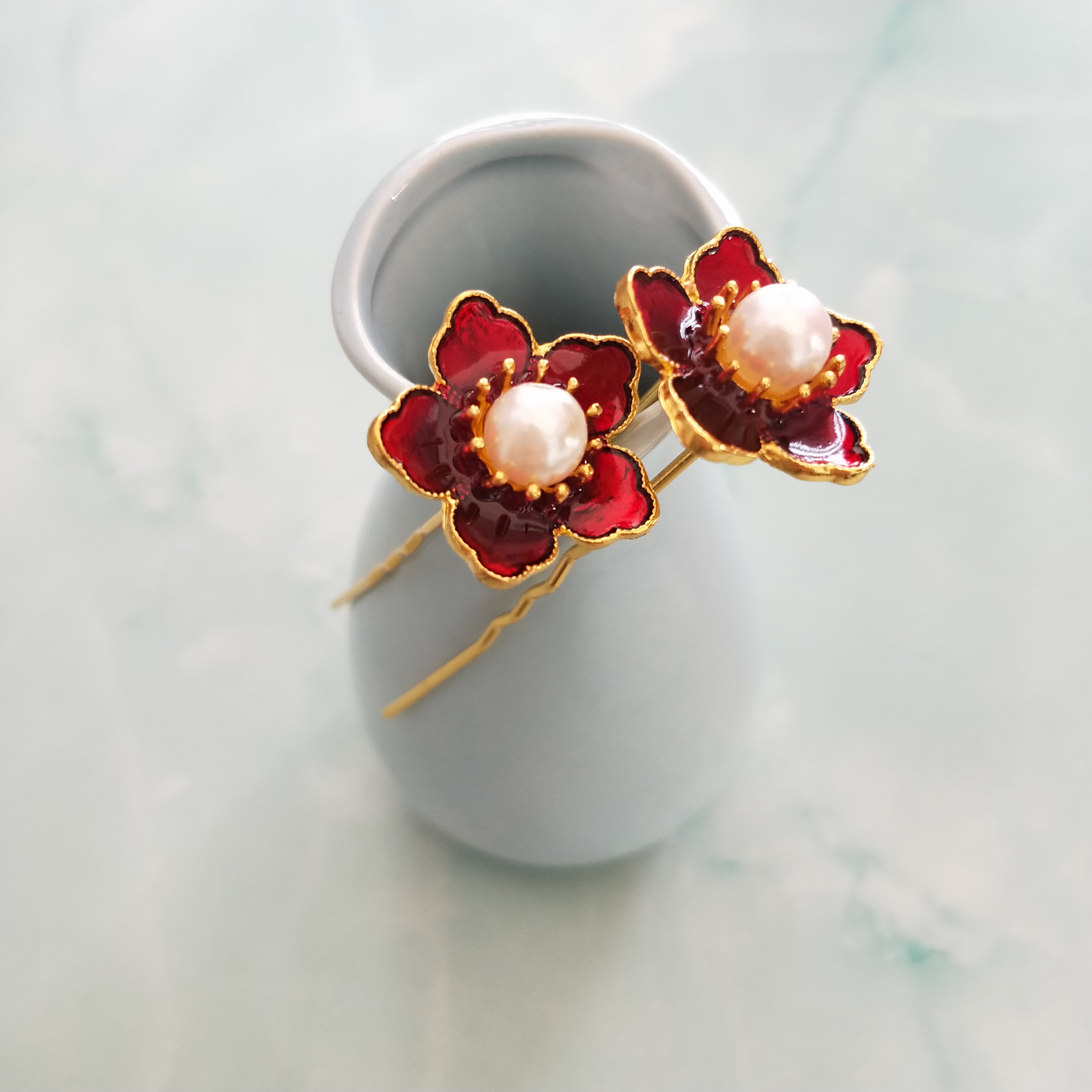 一对价多色景泰蓝滴油百搭基础小花簪发钗点缀仿点翠五瓣花烧蓝 寻迹手作原创国风 淘优券