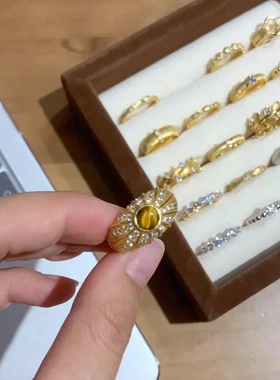 中古风s925纯银锆石拉丝戒指女复古小众高级感轻奢百搭开口指环新