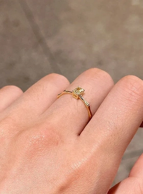 黄钻小方糖戒指女简约轻奢闪钻锆石竹节指环开口可调节方钻食指戒
