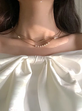 叠戴珍珠项链女简约ins冷淡风颈链韩国气质双层小众设计感锁骨链