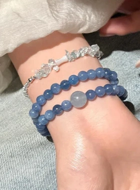 海蓝宝串珠双层手链不规则碎石竹节米珠手串精致清冷感百搭手饰