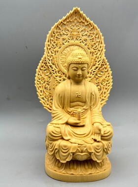 桧木精雕家居佛像摆件释迦牟尼佛三宝佛阿弥陀佛药师佛中式酒柜人