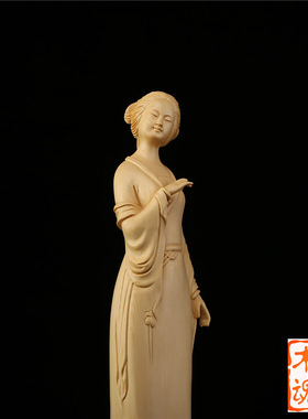 现代桧木雕刻窈窕淑女中式家居客厅摆件装饰品江南美女人物工艺品