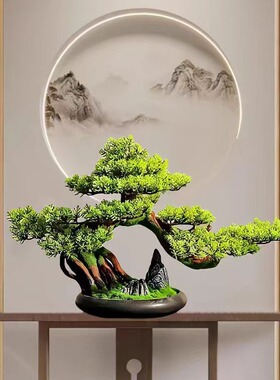 仿真迎客松盆景绿植盆栽客厅电视柜玄关办公室家居装饰新中式摆件