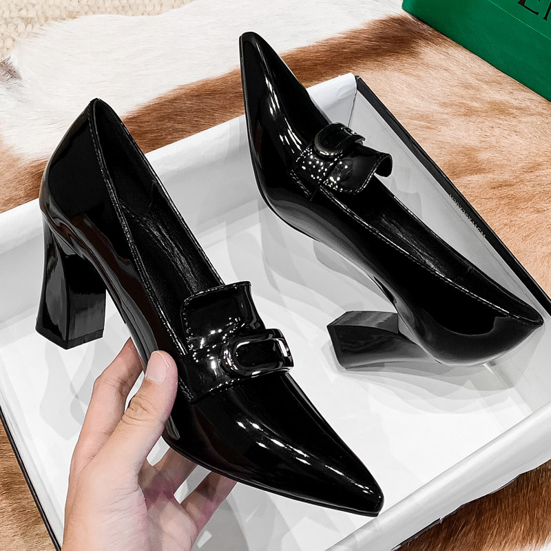 2024春季新款漆皮粗跟单鞋女高跟鞋尖头中口法式舒适中跟真皮女鞋,淘宝优惠券,粉丝福利购,淘宝优惠卷
