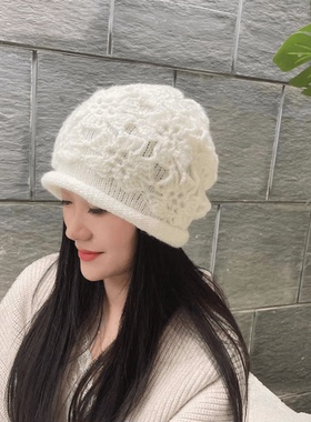 高级感秋冬新款手工钩花双层保暖加厚休闲民族风堆堆帽子女包头帽