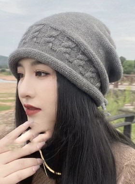 减龄气质女士黑色针织帽时尚百搭堆堆帽子韩版秋冬季包头帽月子潮