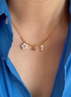 天然珍珠花朵蘑菇不褪色钛钢项链