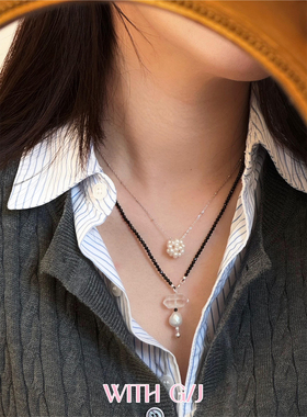 天然白水晶巴洛克珍珠纯银项链女